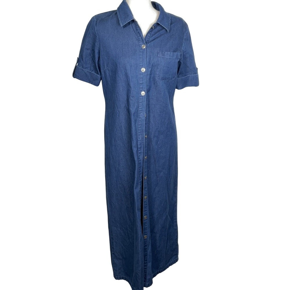 Talbots Shirt Dress Women 8P Blue Denim Roll Tab‎ Sleeve Button Midi Casual